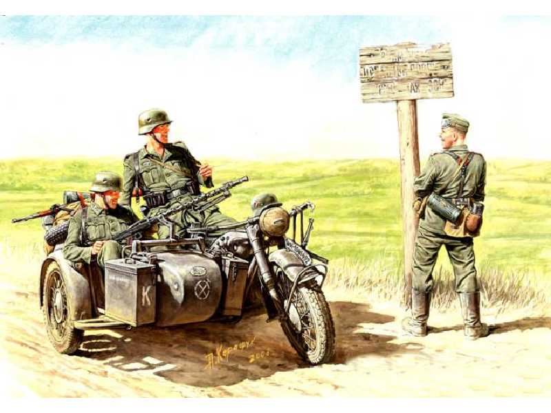 Niemiecki motocyk BMW R75 + 4 figurki żołnierzy - zdjęcie 1 Niemiecki motocyk BMW R75 + 4 figurki żołnierzy - zdjęcie 1