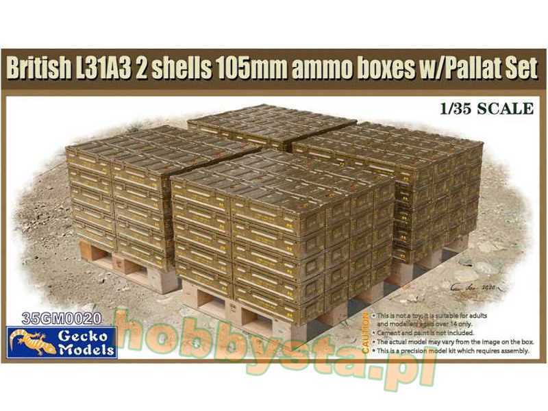 Brytyjskie skrzynki na amunicję L31A3 2 x 105 mm z na palecie - zdjęcie 1 Brytyjskie skrzynki na amunicję L31A3 2 x 105 mm z na palecie - zdjęcie 1