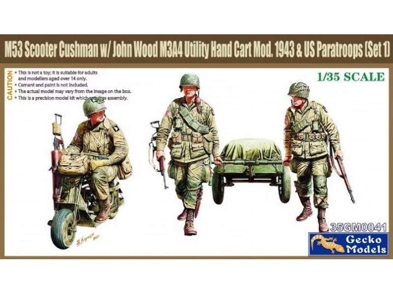 M53 Scooter Cushman W/John Wood M3a4 Utility Hand Cart Mod.1943 & Us Paratroops (Set 1) - zdjęcie 1