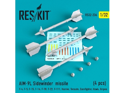 Aim-9l Sidewinder Missile 4 Pcs F4, F-5, F-15, F-16, F-18, F-22, F-111, Harrier, Tornado, Eurofighter, Hawk, Gripen - zdjęcie 1