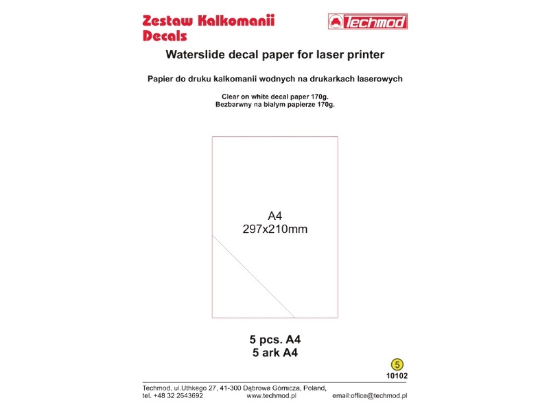 Papier do druku kalkomanii A4 zestaw 5 szt., biały - zdjęcie 1 Papier do druku kalkomanii A4 zestaw 5 szt., biały - zdjęcie 1