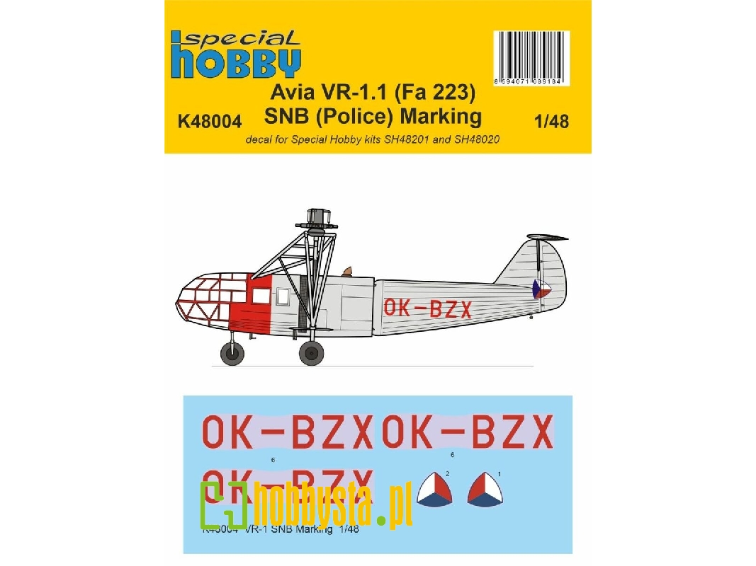 Avia Vr-1.1 (Fa 223) Snb (Police) Marking (For Special Hobby Kits 48201 48020) - zdjęcie 1 Avia Vr-1.1 (Fa 223) Snb (Police) Marking (For Special Hobby Kits 48201 48020) - zdjęcie 1