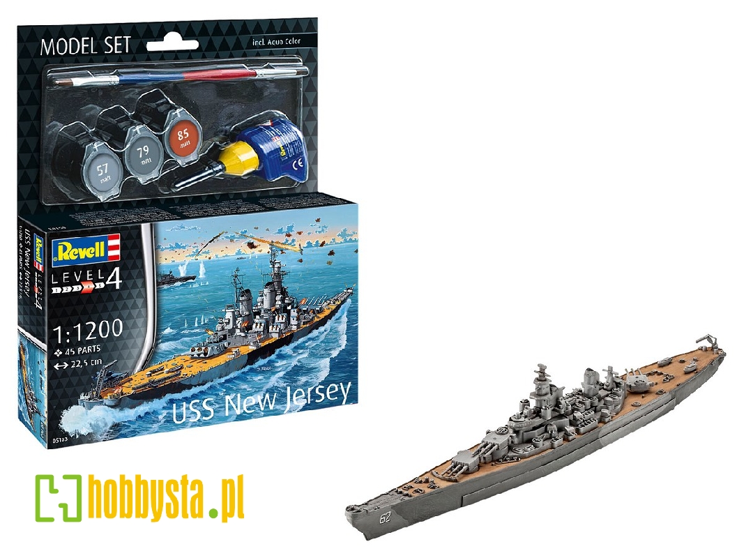 USS New Jersey - amerykański pancernik typu Iowa - zestaw z farbkami i klejem - zdjęcie 1 USS New Jersey - amerykański pancernik typu Iowa - zestaw z farbkami i klejem - zdjęcie 1