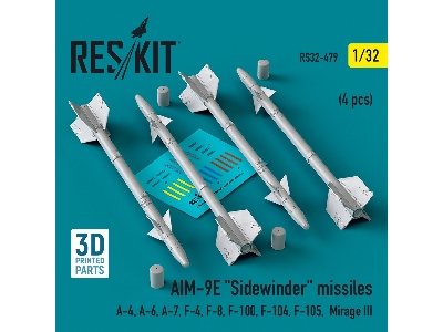 Aim-9e 'sidewinder' Missiles (4pcs) (A-4, A-6, A-7, F-4, F-8, F-100, F-104, F-105, Mirage Iii) (3d Printed) - zdjęcie 1