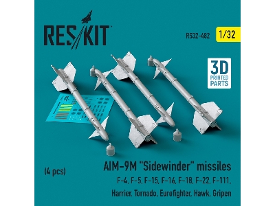 Aim-9m 'sidewinder' Missiles (4pcs) (F-4, F-5, F-15, F-16, F-18, F-22, F-111, Harrier, Tornado, Eurofighter, Hawk, Gripen) (3d P