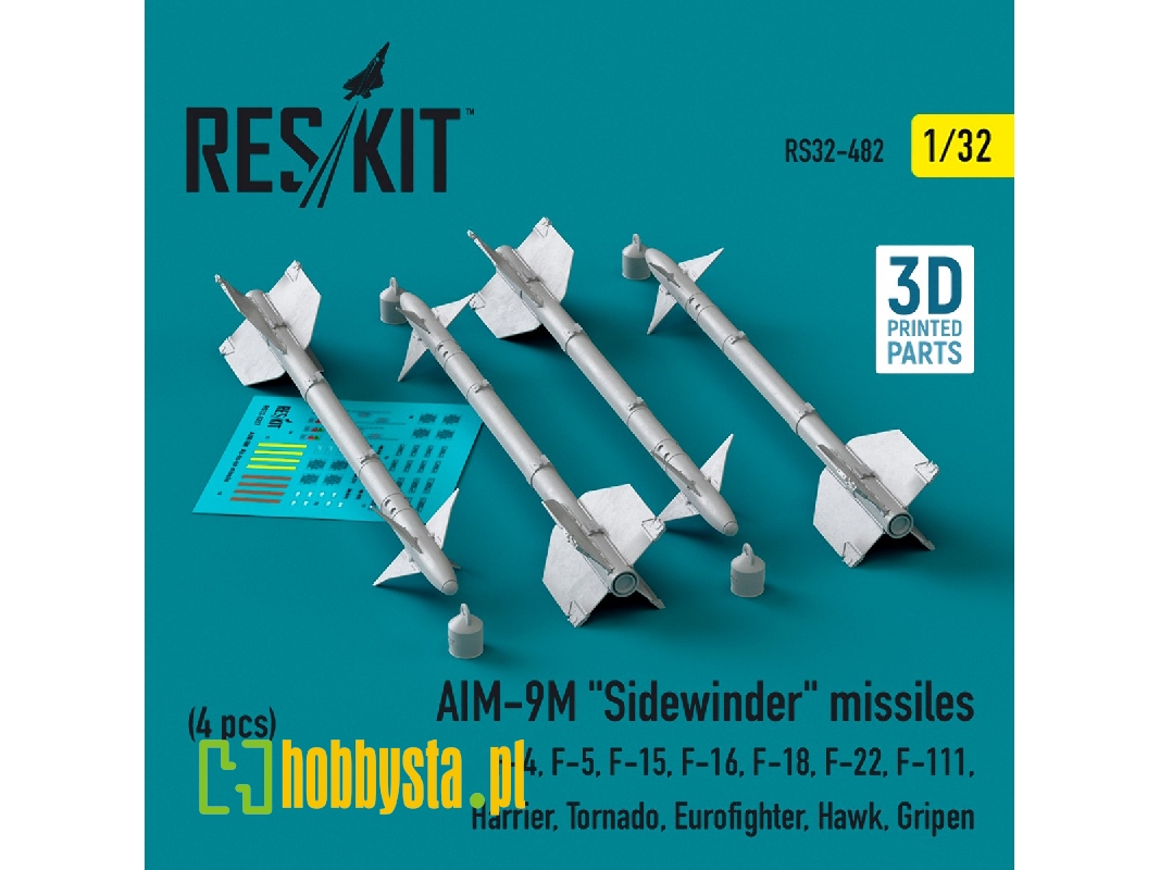 Aim-9m 'sidewinder' Missiles (4pcs) (F-4, F-5, F-15, F-16, F-18, F-22, F-111, Harrier, Tornado, Eurofighter, Hawk, Gripen) (3d P