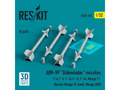 Aim-9p 'sidewinder' Missiles (4pcs) (F-4, F-5, F-16, F-15, F-14, Mirage F.1, Harrier, Mirage Iii, Hawk, Mirage 2000) (3d Printed