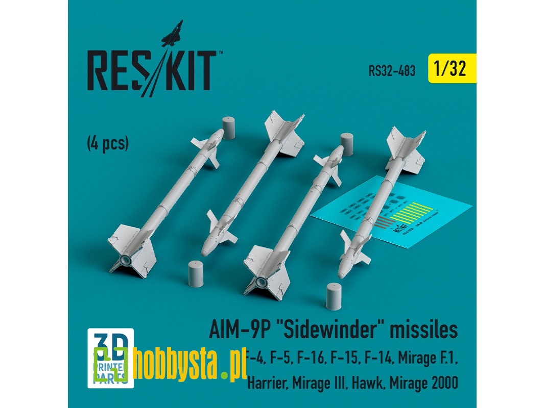 Aim-9p 'sidewinder' Missiles (4pcs) (F-4, F-5, F-16, F-15, F-14, Mirage F.1, Harrier, Mirage Iii, Hawk, Mirage 2000) (3d Printed