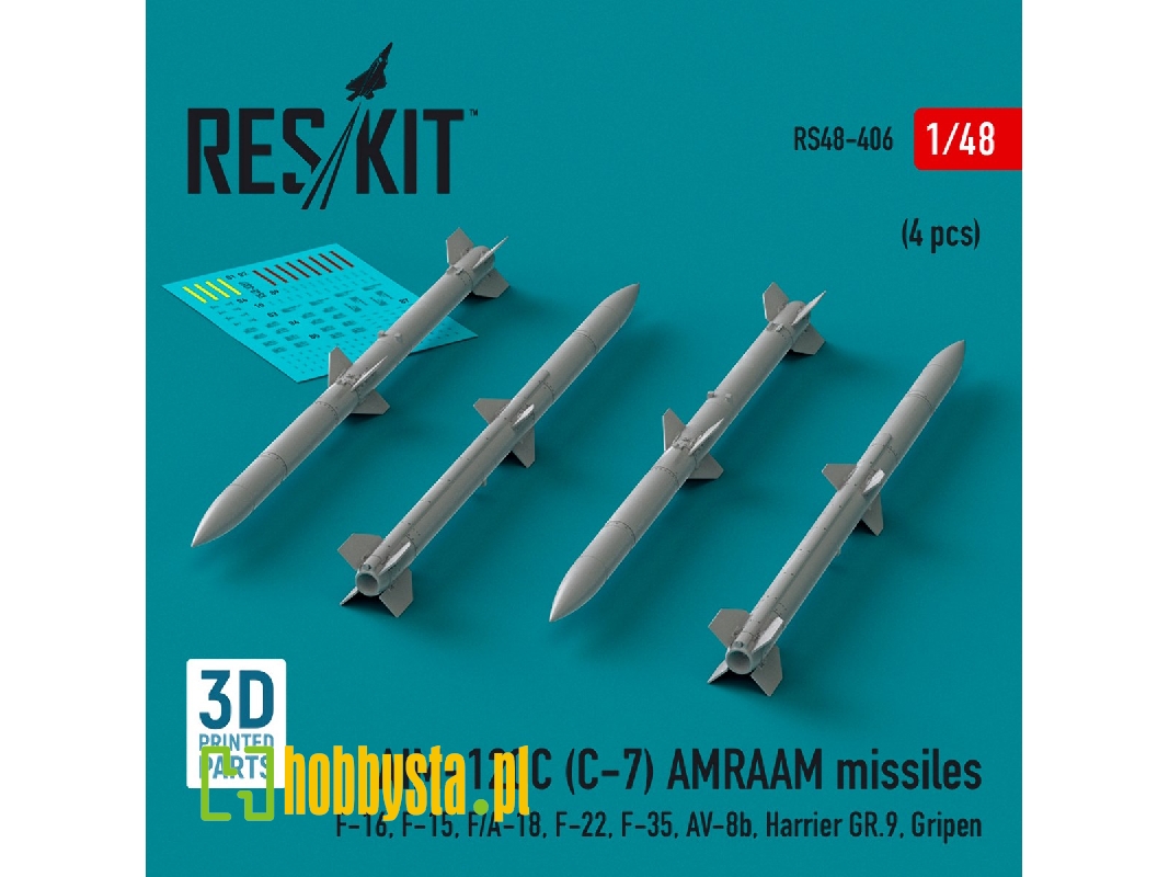Aim-120c (C-7) Amraam Missiles (4pcs) (F-16, F-15, F/A-18, F-22, F-35, Av-8b, Harrier Gr.9, Gripen) (3d Printed) - zdjęcie 1
