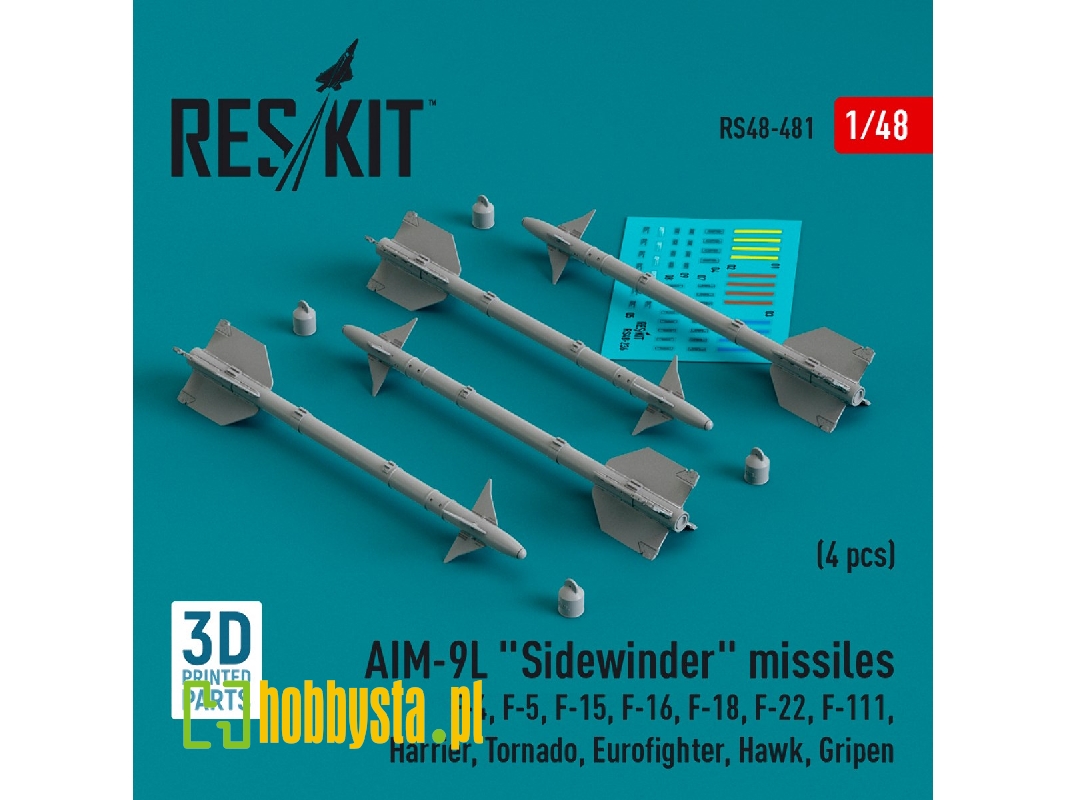 Aim-9l 'sidewinder' Missiles (4pcs) (F-4, F-5, F-15, F-16, F-18, F-22, F-111, Harrier, Tornado, Eurofighter, Hawk, Gripen) (3d P
