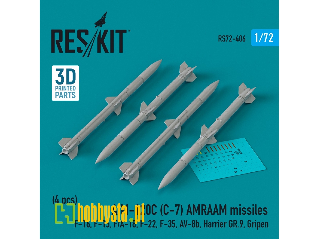 Aim-120c (C-7) Amraam Missiles (4pcs) (F-16, F-15, F/A-18, F-22, F-35, Av-8b, Harrier Gr.9, Gripen) (3d Printed) - zdjęcie 1