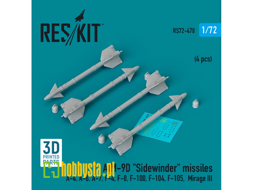 Aim-9d 'sidewinder' Missiles (4pcs) (A-4, A-6, A-7, F-4, F-8, F-100, F-104, F-105, Mirage Iii) (3d Printed) - zdjęcie 1