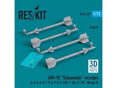 Aim-9e 'sidewinder' Missiles (4pcs) (A-4, A-6, A-7, F-4, F-8, F-100, F-104, F-105, Mirage Iii) (3d Printed) - zdjęcie 1