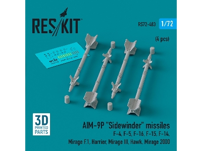 Aim-9p 'sidewinder' Missiles (4pcs) (F-4, F-5, F-16, F-15, F-14, Mirage F.1, Harrier, Mirage Iii, Hawk, Mirage 2000) (3d Printed