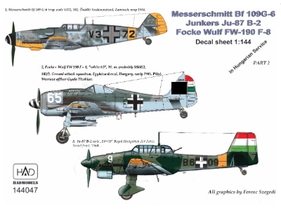 In Hungarian Service - Messerschmitt Bf-109 G-6 / Junkers Ju-87b-2 'stuka' / Focke-wulf Fw-190 F-8 (V3+72; B6+09; 65 Pöttöm,) 