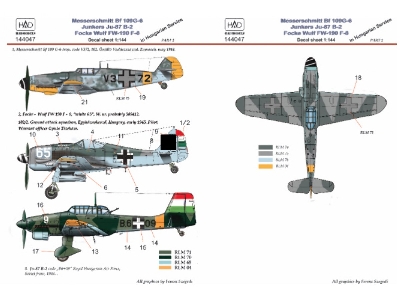 In Hungarian Service - Messerschmitt Bf-109 G-6 / Junkers Ju-87b-2 'stuka' / Focke-wulf Fw-190 F-8 (V3+72; B6+09; 65 Pöttöm,) 