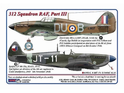 312 Squadron Raf Part Iii - 2 Decal Version: hawker Hurricane Mk.I And supermarine Spitfire Lf Mk.Ixe - zdjęcie 1