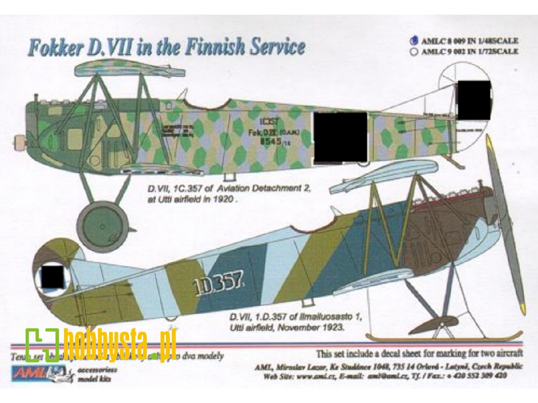 Fokker D.Vii In The Finnish Service - Decals For 2 Aircrafts - zdjęcie 1 Fokker D.Vii In The Finnish Service - Decals For 2 Aircrafts - zdjęcie 1