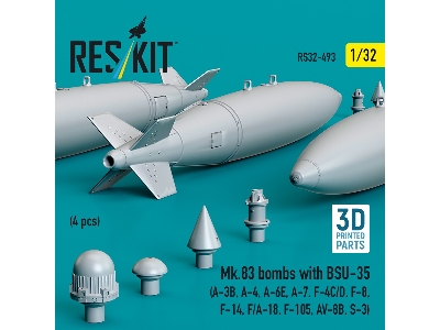 Mk.83 Bombs With Bsu-35 (4pcs) (A-3b, A-4, A-6e, A-7, F-4c/D, F-8, F-14, F/A-18, F-105, Av-8b, S-3) (3d Printed) - zdjęcie 2