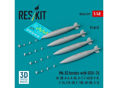 Mk.83 Bombs With Bsu-35 (4pcs) (A-3b, A-4, A-6e, A-7, F-4c/D, F-8, F-14, F/A-18, F-105, Av-8b, S-3) (3d Printed) - zdjęcie 1