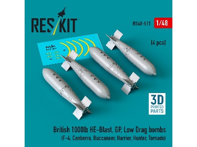 British 1000lb He-blast, Gp, Low Drag Bombs (4pcs) (F-4, Canberra, Buccaneer, Harrier, Hunter, Tornado) (3d Printed) - zdjęcie 