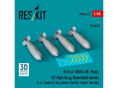 British 1000lb He-blast, Gp, High Drag (Retarded) Bombs (4pcs) (F-4, Canberra, Buccaneer, Harrier, Hunter, Tornado) (3d Printed)