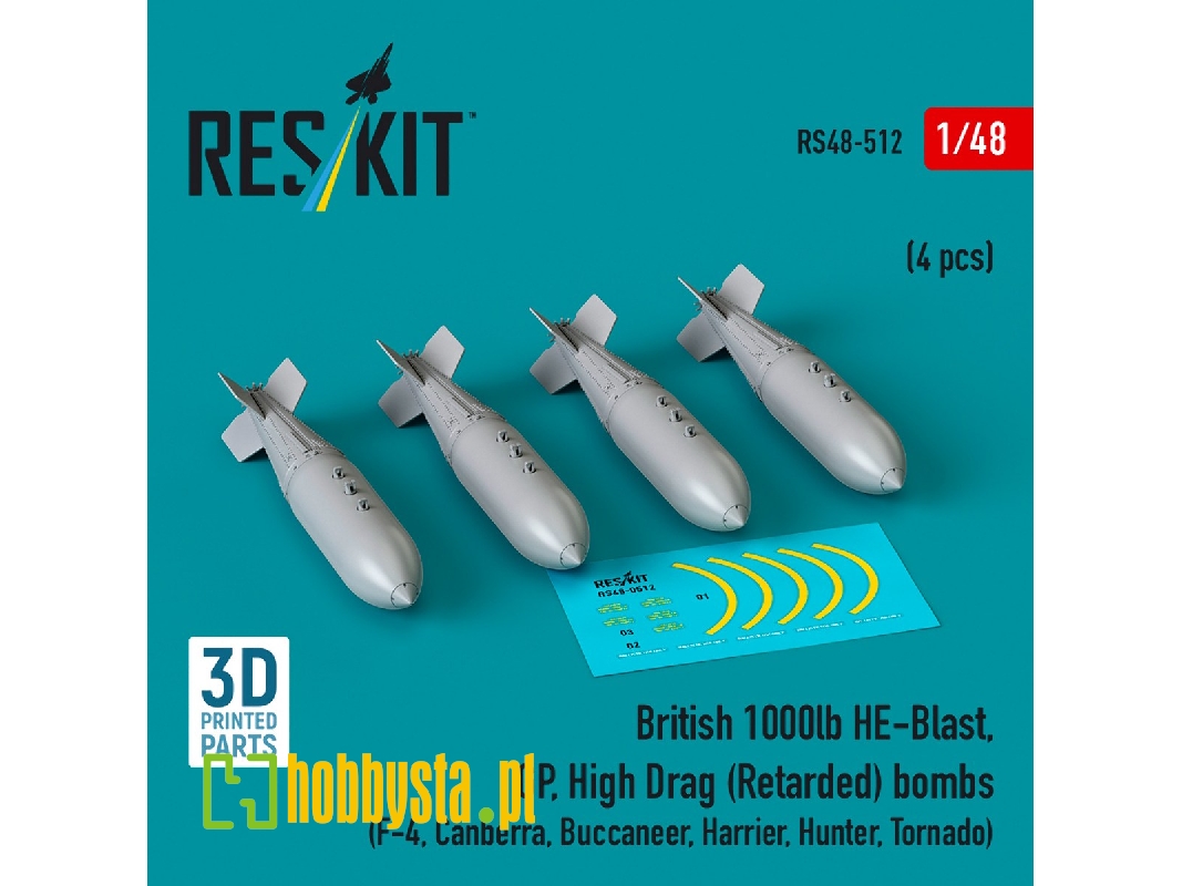 British 1000lb He-blast, Gp, High Drag (Retarded) Bombs (4pcs) (F-4, Canberra, Buccaneer, Harrier, Hunter, Tornado) (3d Printed)