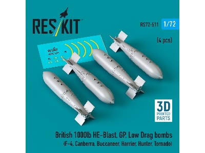 British 1000lb He-blast, Gp, Low Drag Bombs (4pcs) (F-4, Canberra, Buccaneer, Harrier, Hunter, Tornado) (3d Printed) - zdjęcie 