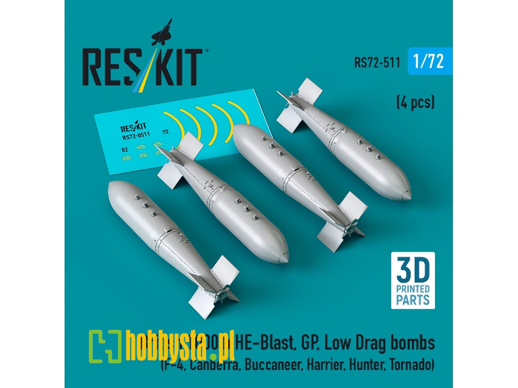 British 1000lb He-blast, Gp, Low Drag Bombs (4pcs) (F-4, Canberra, Buccaneer, Harrier, Hunter, Tornado) (3d Printed) - zdjęcie 