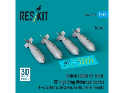 British 1000lb He-blast, Gp, High Drag (Retarded) Bombs (4pcs) (F-4, Canberra, Buccaneer, Harrier, Hunter, Tornado) (3d Printed)