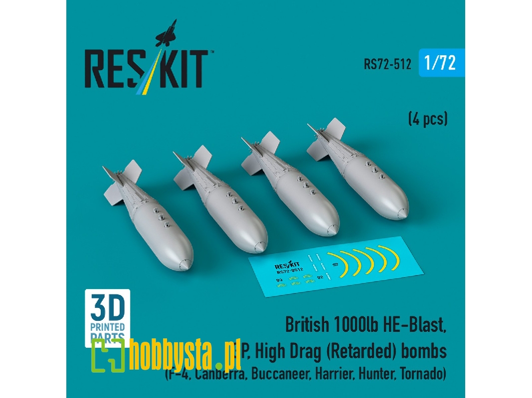 British 1000lb He-blast, Gp, High Drag (Retarded) Bombs (4pcs) (F-4, Canberra, Buccaneer, Harrier, Hunter, Tornado) (3d Printed) British 1000lb He-blast, Gp, High Drag (Retarded) Bombs (4pcs) (F-4, Canberra, Buccaneer, Harrier, Hunter, Tornado) (3d Printed)