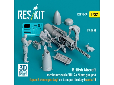 British Aircraft Mechanics With Suu-23 20mm Gun Pod (Open & Close Gun Bay) On Transport Trolley (Scene 1) (3 Pcs) (3d Printed) -