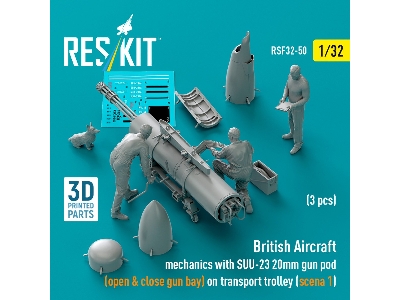 British Aircraft Mechanics With Suu-23 20mm Gun Pod (Open & Close Gun Bay) On Transport Trolley (Scene 1) (3 Pcs) (3d Printed) -