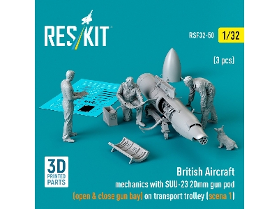 British Aircraft Mechanics With Suu-23 20mm Gun Pod (Open & Close Gun Bay) On Transport Trolley (Scene 1) (3 Pcs) (3d Printed) -