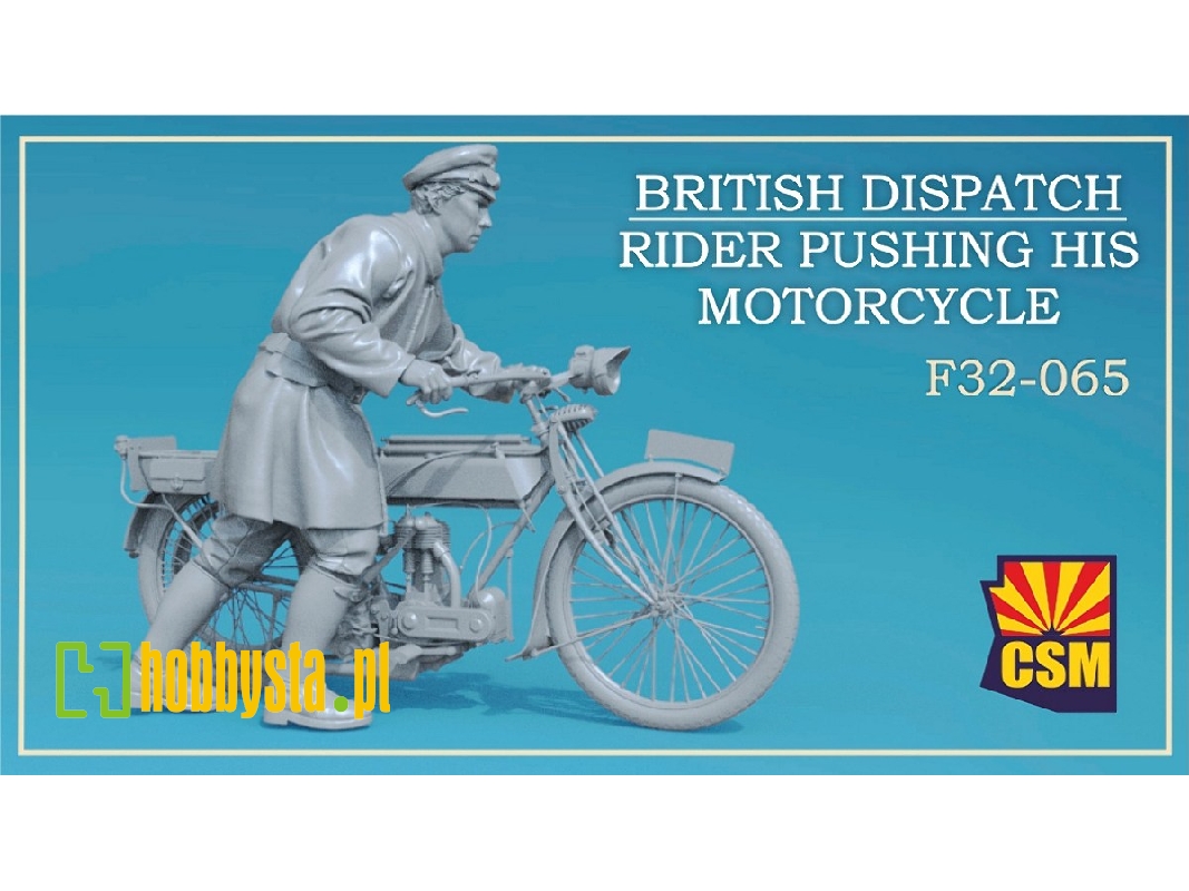British Dispatch Rider Pushing His Motorcycle - zdjęcie 1 British Dispatch Rider Pushing His Motorcycle - zdjęcie 1