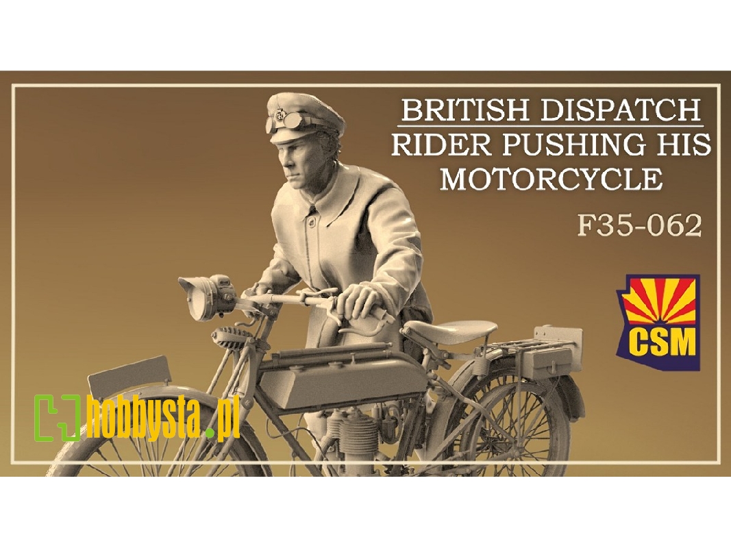 British Dispatch Rider Pushing His Motorcycle - zdjęcie 1 British Dispatch Rider Pushing His Motorcycle - zdjęcie 1