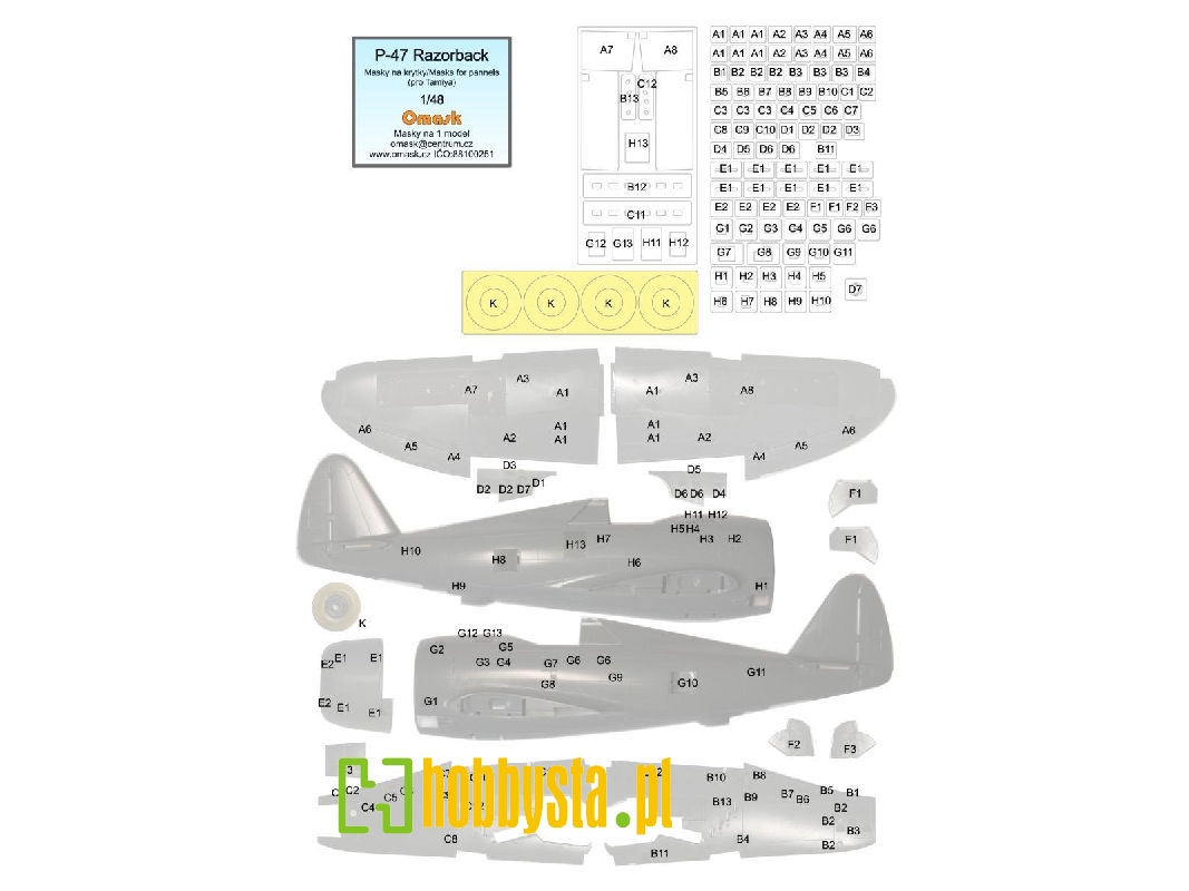 Republic P-47 Razorback - Mask For Panels (For Tamiya Kits) - zdjęcie 1 Republic P-47 Razorback - Mask For Panels (For Tamiya Kits) - zdjęcie 1