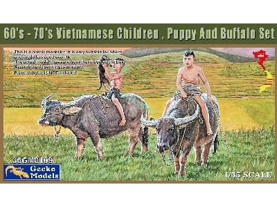 60'-70's Vietnamese Children, Puppy And Buffalo Set - zdjęcie 1