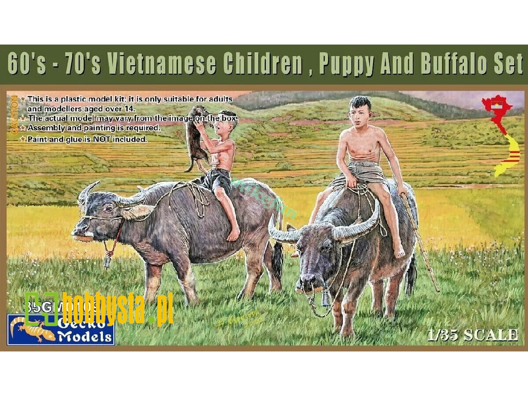 60'-70's Vietnamese Children, Puppy And Buffalo Set - zdjęcie 1