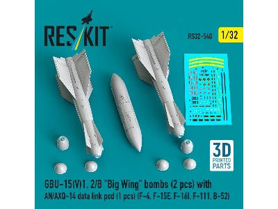 Gbu-15(V)1, 2/B 'big Wing' Bombs (2pcs) With An/Axq-14 Data Link Pod (1pc) (F-4, F-15e, F-16i, F-111, B-52) (3d Printed) - zdję