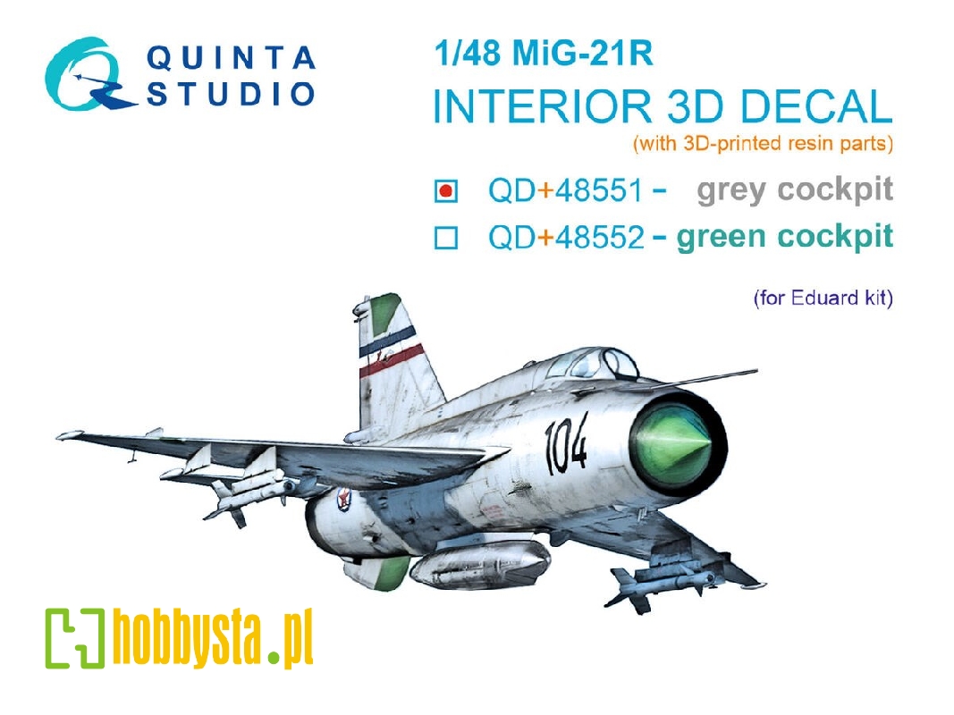 Mig-21r (Grey Cockpit Panels) 3d-printed & Coloured Interior On Decal Paper (Eduard) (With 3d-printed Resin Parts) - zdjęcie 1 Mig-21r (Grey Cockpit Panels) 3d-printed & Coloured Interior On Decal Paper (Eduard) (With 3d-printed Resin Parts) - zdjęcie 1