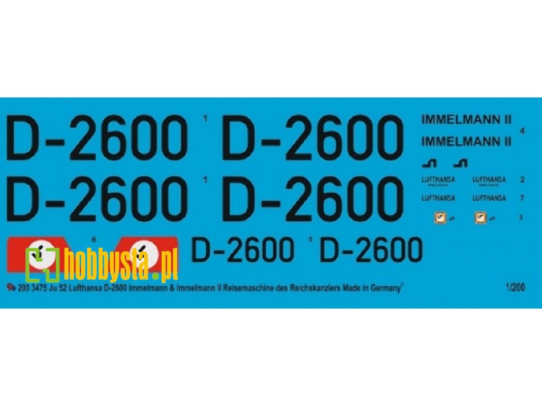 Ju 52/3 Lufthansa D-2600 Immelmann And Immelmann 2 For The Zvezda Model - zdjęcie 1