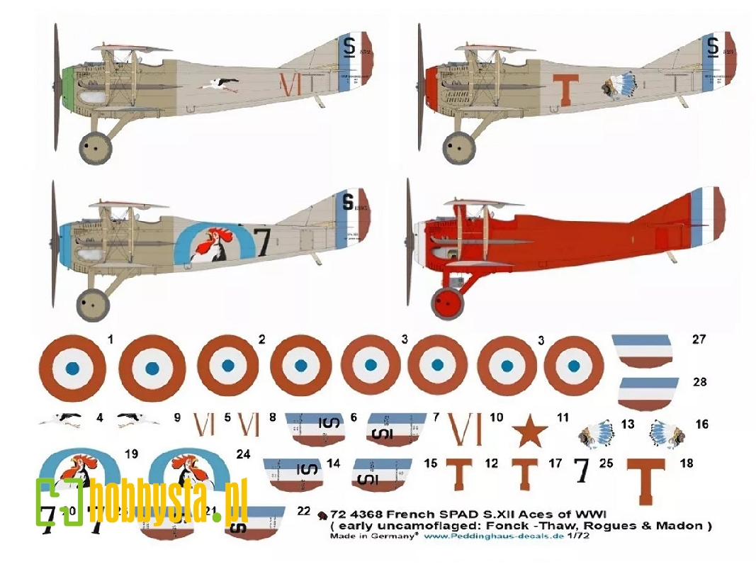 French Spad S.Xii Aces Of Wwi (Early Uncamoflaged: Fonk-thaw, Rogues And Camera-madon) - zdjęcie 1