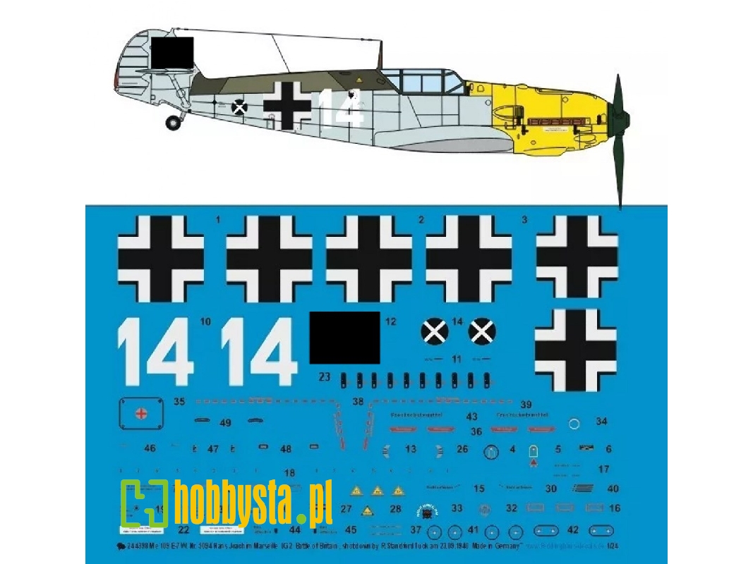 Me 109 E-7 W. Nr 5094 Hans Joachim Marseile Lg 2 23.09.1940 Shot Down By R. S. Tuckl - zdjęcie 1