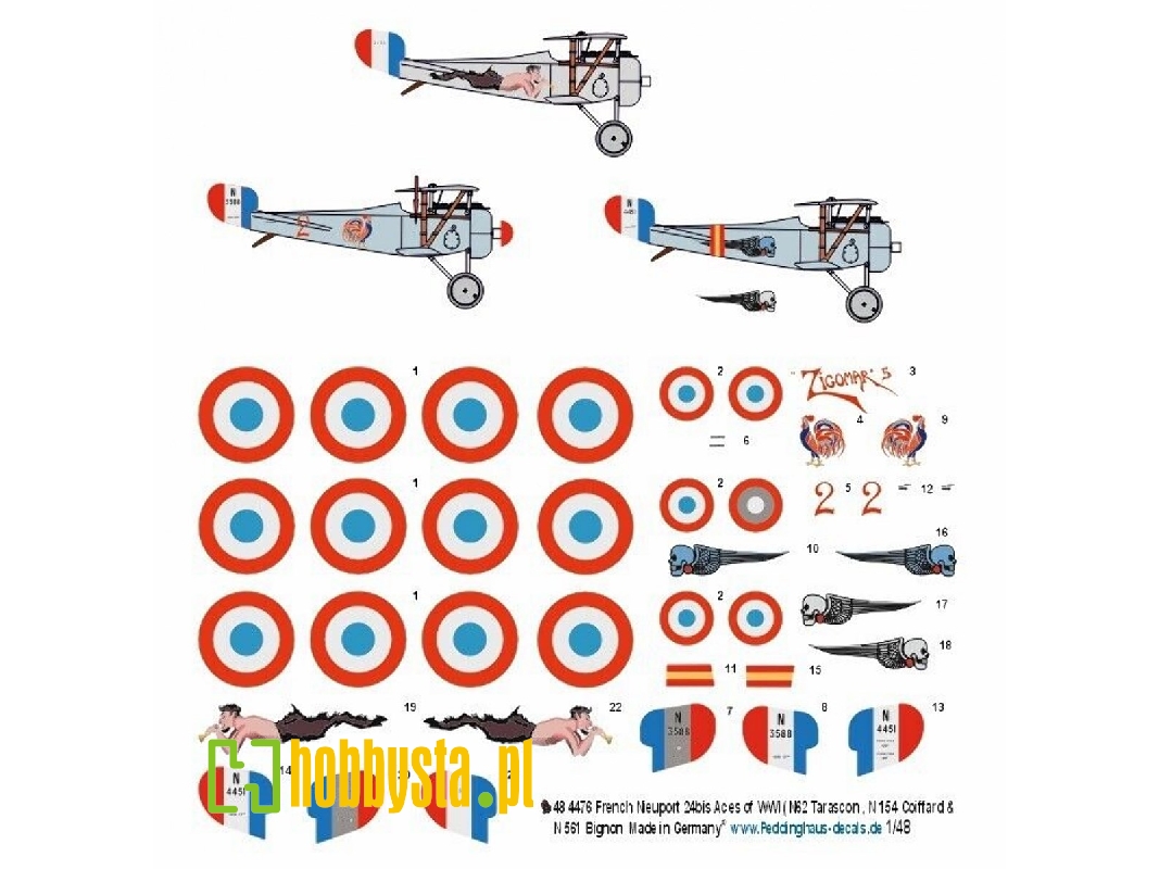 French Nieuport 24bis Aces Of Wwi (N62 Tarson, N 154 Coiffard & N 561 Bignon) - zdjęcie 1