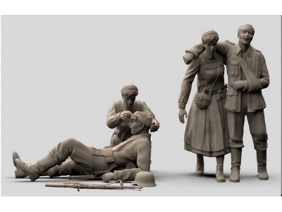 3 Wounded German Soldiers And 2 Nurses And One Soldier - zdjęcie 1