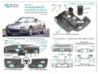 Honda S2000 Ap1 - 3d-printed & Coloured Interior On Decal Paper With Metal Sticker Parts (For Tamiya Kits) - zdjęcie 5