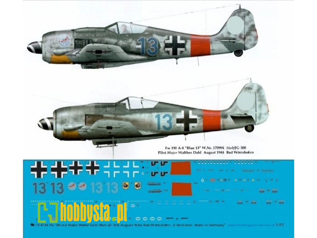Focke Wulf Fw 190 A-8 - Major Walter Dahl Stab Jg 300 , August 1944 Bad Wörishofen , 2 Versionen - zdjęcie 1
