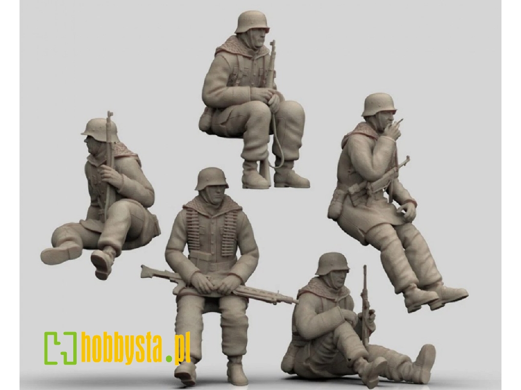 German Wwii Totenkopf Division Soldiers - Sitting Russia / Winter (5 Figures) - zdjęcie 1