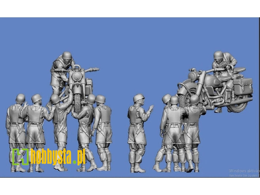 German Wwii Paratroopers Unloading Bmw Motorcycle (6 Figures) - zdjęcie 1